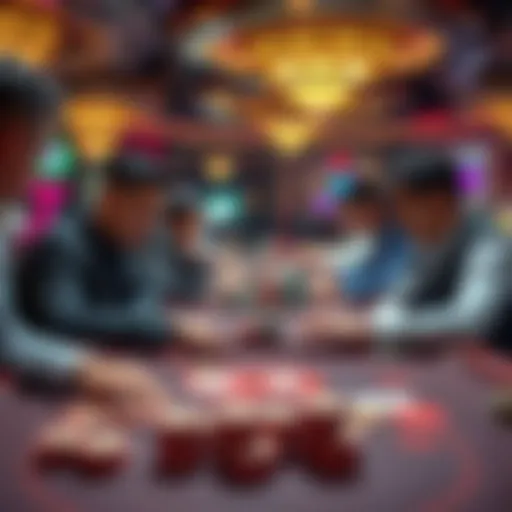 Players at a poker table in a busy Macau casino, showcasing a tense moment in a high-stakes game with stacks of chips and focused expressions