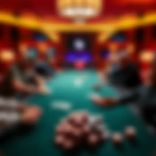 A high-stakes poker table with players in a Texas cardroom, showcasing chips and cards arranged on the table.