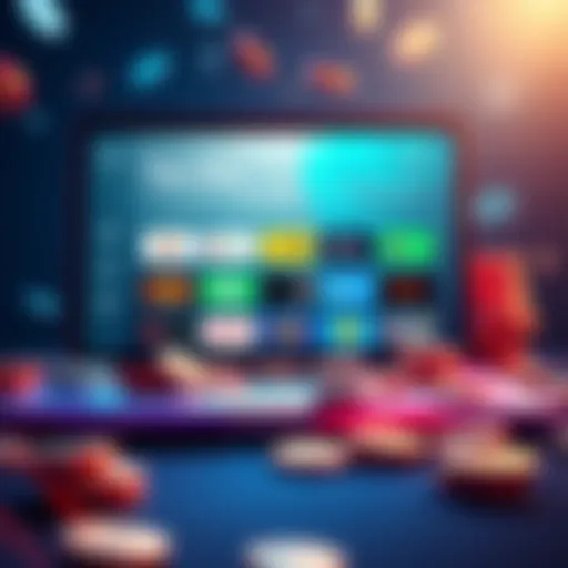 Illustration of a laptop screen displaying various online gaming sites with low rake and soft competition, coins scattered around to represent potential rewards