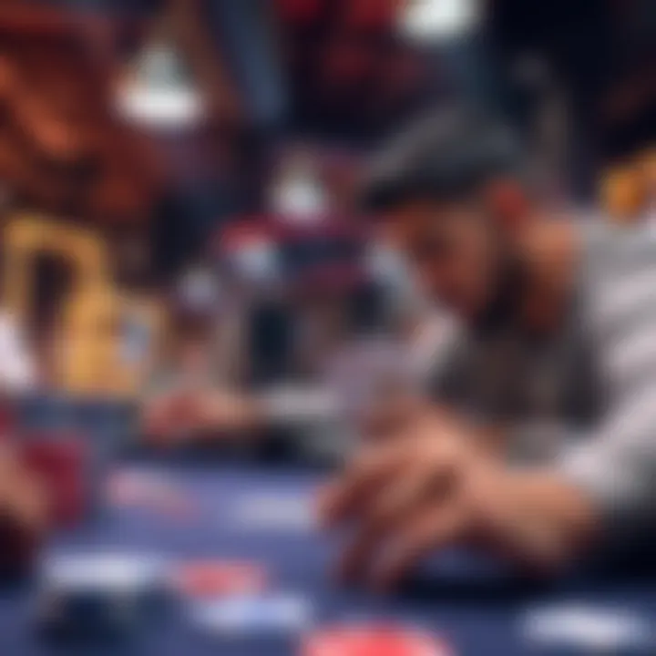 High Limit Badugi Poker Table A poker player contemplating their next move at a high stakes Badugi table, with chips stacked and cards in hand.