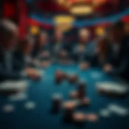 A high limit gambling table with chips and cards, showing intense focus from players observing the action after a significant loss.