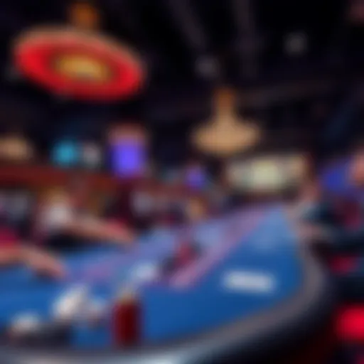 A high-limit poker table with players engaging in a game in a bustling casino setting