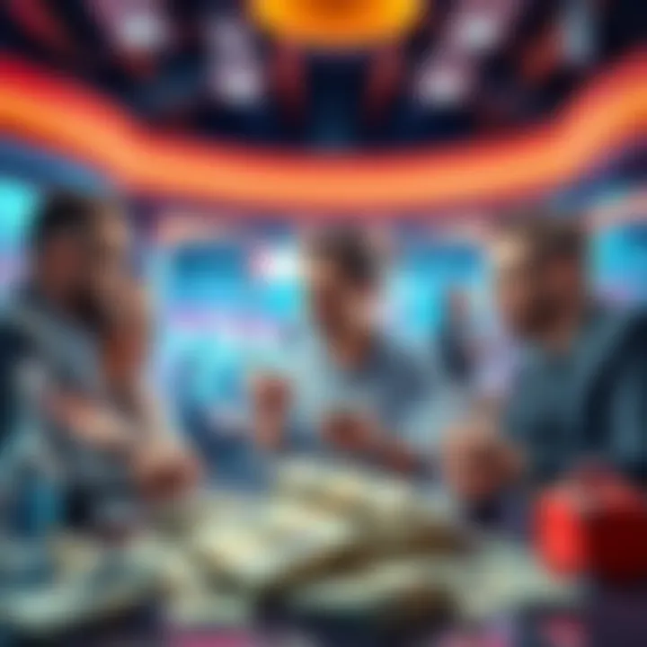 A group of people discussing a business deal with excitement, surrounded by money and luxury items.