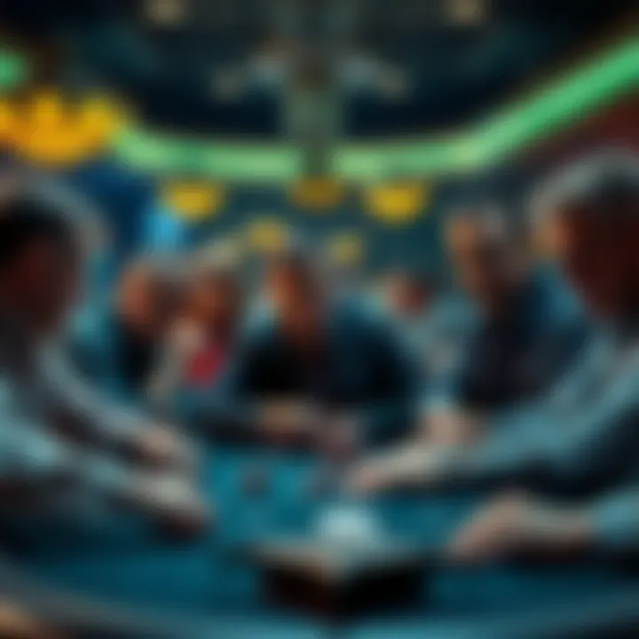 A group of high rollers intensely focused at a poker table during a tournament, showcasing expressions of concentration and excitement.