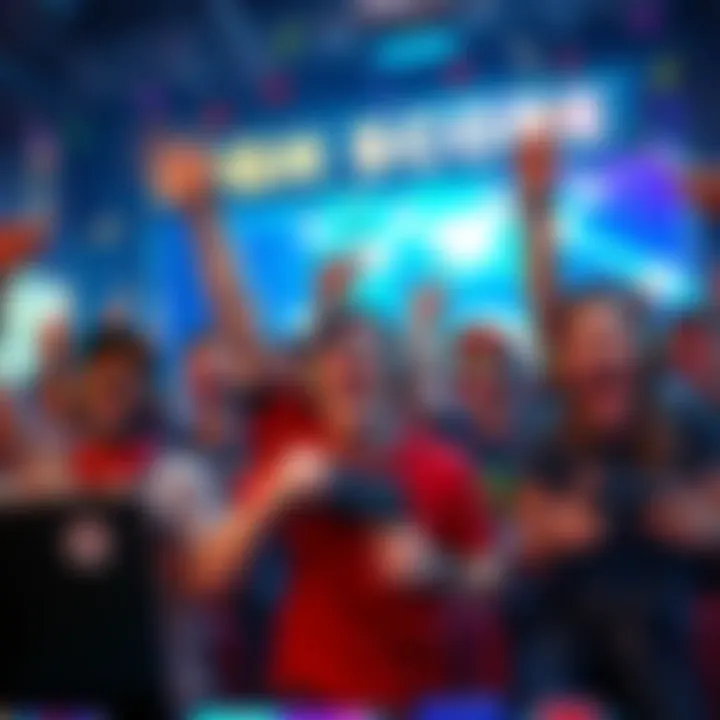 Players celebrating a record-breaking achievement in online gaming with joyful expressions and gaming gear.