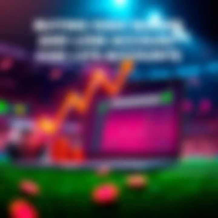 An illustration showing a graph with rising profits and a laptop displaying a betting platform, symbolizing high wager and high loss accounts.