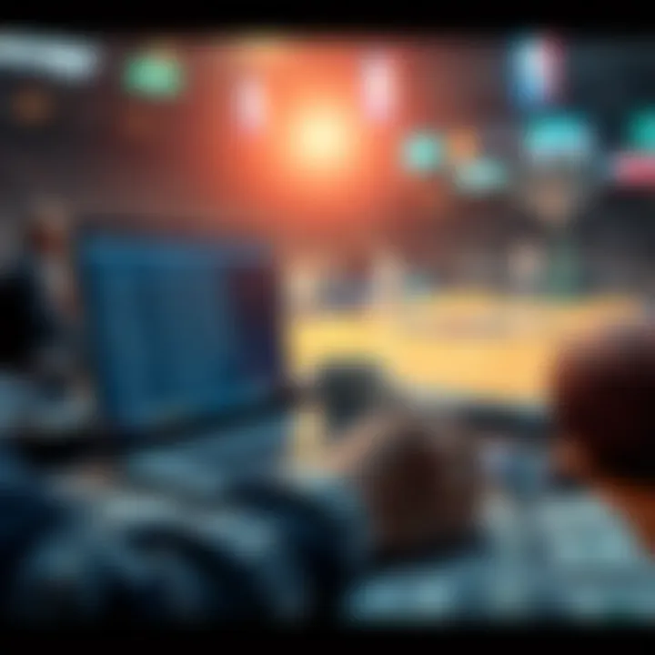 High-stakes basketball betting A person looking at a laptop showing foreign basketball game odds with dollar bills scattered on the table