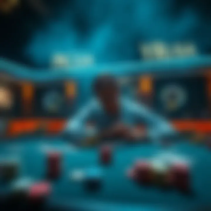 High Stakes Betting A person sitting at a table with poker chips and cards, contemplating a large bet after a recent loss.