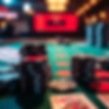 High-stakes betting scene A close-up of poker chips and playing cards on a betting table, showing a thrilling gambling atmosphere