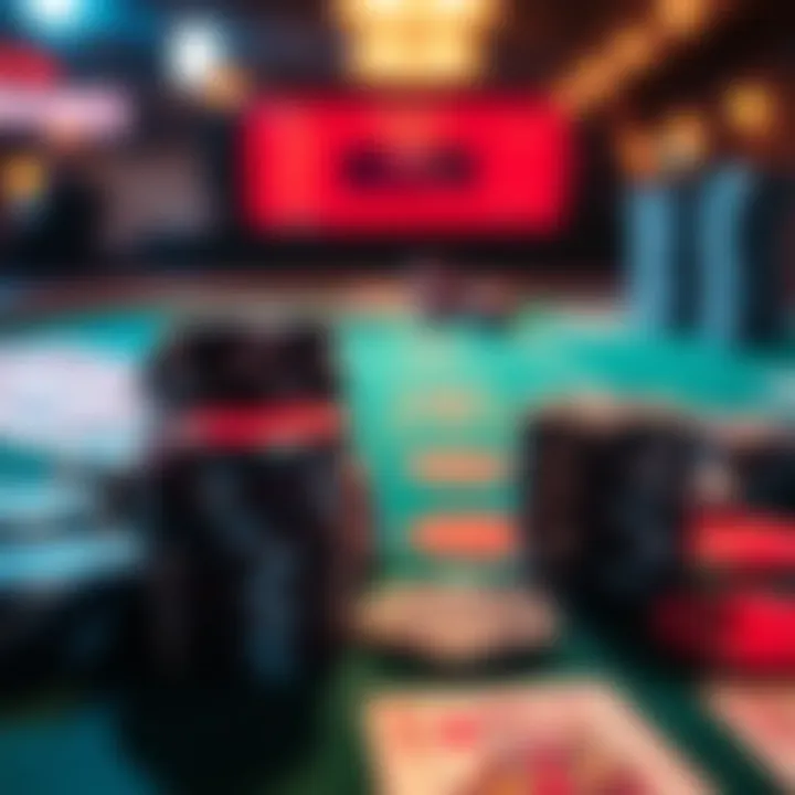 High-stakes betting scene A close-up of poker chips and playing cards on a betting table, showing a thrilling gambling atmosphere