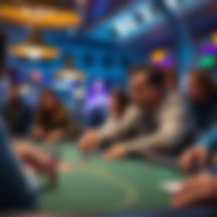 A player at a betting table, looking tense while holding chips, surrounded by others watching.