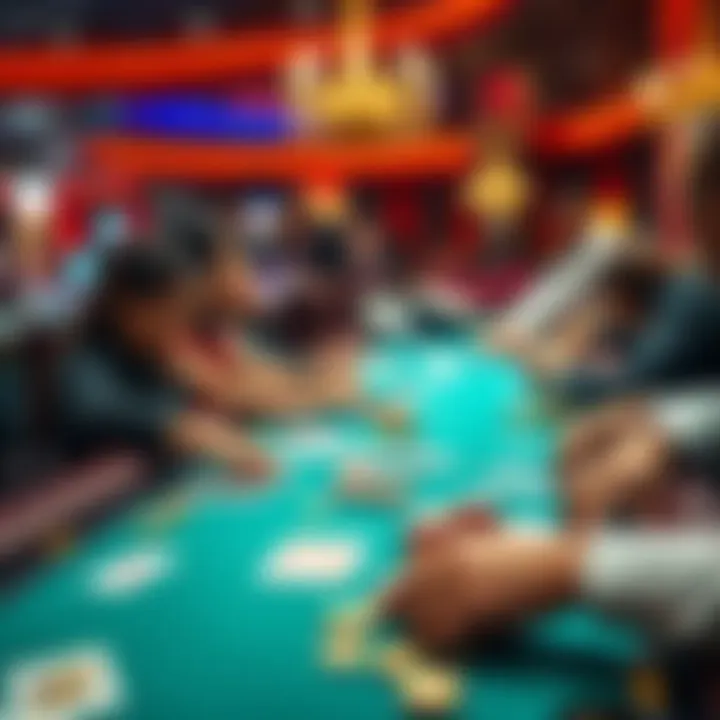 A vibrant casino scene with players focused on a high-stakes betting table, surrounded by cards and chips, capturing the excitement of 'Letting It Ride'.