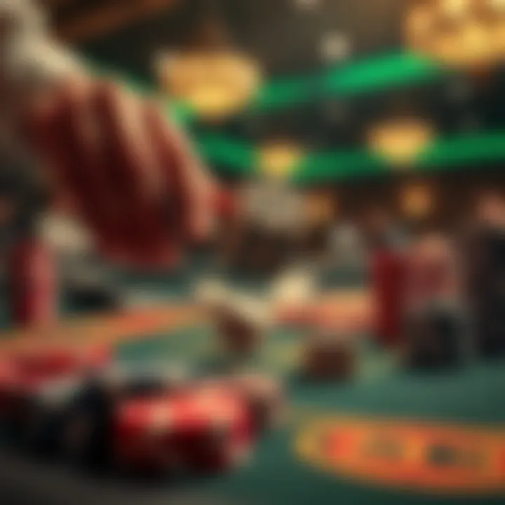 A close-up of hands throwing dice on a casino table with chips stacked nearby, showing the excitement of gambling.