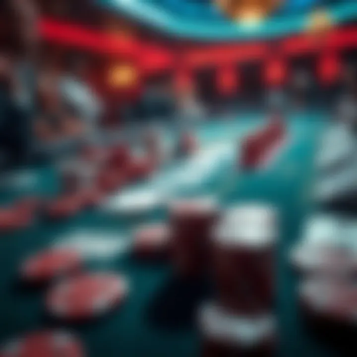 High-Stakes Gambling Table A close-up view of a high-stakes gambling table with chips and cards, showing the tension of betting