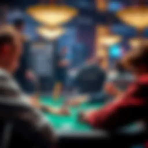 A focused player at a poker table, concentrating on their cards and chips, surrounded by other players in an intense tournament setting.