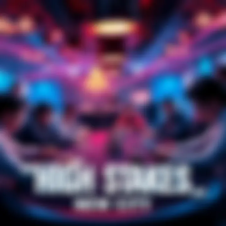 High Stakes Poker Game A tense poker table scene with players focused on their cards, chips stacked high, and a dealer overseeing the action.