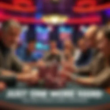 A group of players at a poker table intensely focused on their cards with chips stacked high in front of them, showing the excitement of the game.