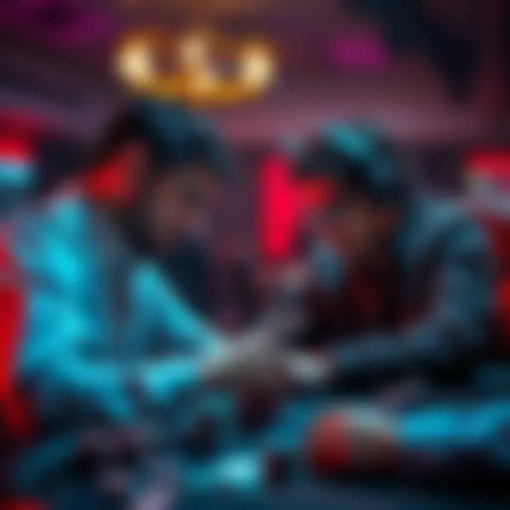 Players in a high-stakes poker game Two players intensely focused on a high-stakes poker game, analyzing each other's moves while surrounded by chips and cards.
