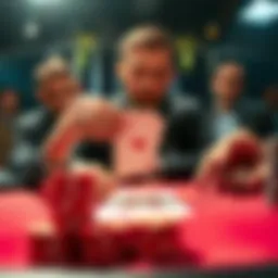 A player at a poker table makes a strategic decision while holding AJ of hearts. Chips are stacked in front of them, and an aggressive opponent watches intently.