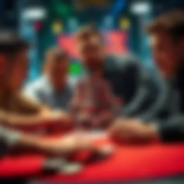 High Stakes Poker Match Three players compete in a high stakes poker game with a large pile of chips in the center, showing excitement and tension on their faces.