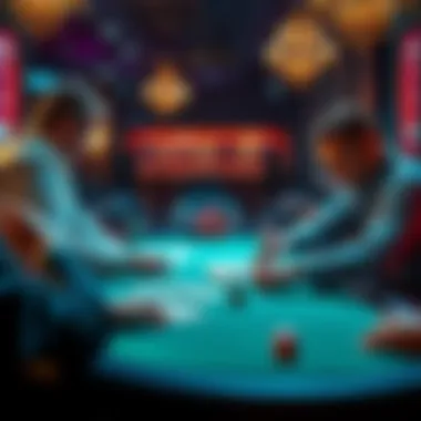 A tense poker table scene with a dealer and a player requesting specific winning cards, showcasing the pressure of high-stakes gambling.