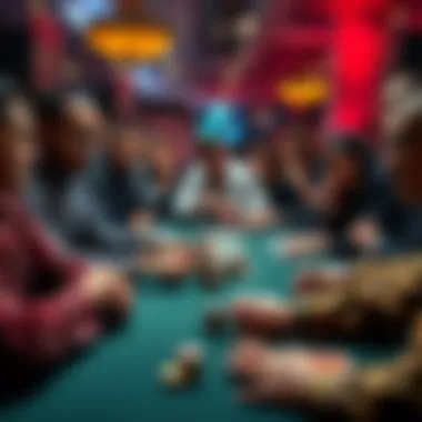 A group of diverse players at a high stakes poker table, focusing on their cards and chips, showcasing tension and excitement in the game.