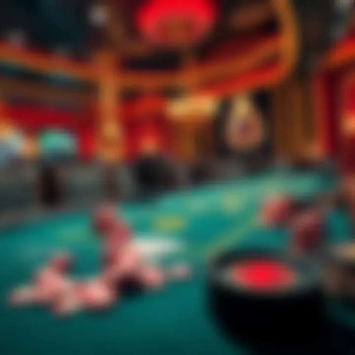A luxurious poker table filled with chips and cards during a high stakes game in Las Vegas