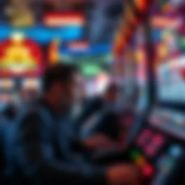 A player intensely focused on a high-stakes video poker machine with bright lights and dynamic visuals.