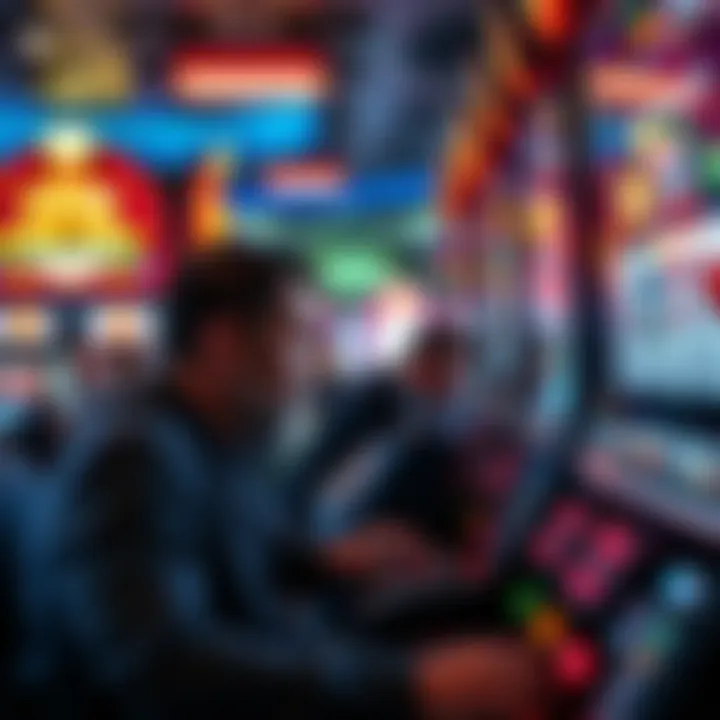 A player intensely focused on a high-stakes video poker machine with bright lights and dynamic visuals.