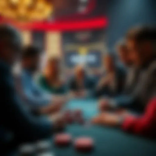 A group of people discussing gambling strategies around a table, with chips and cards in view.