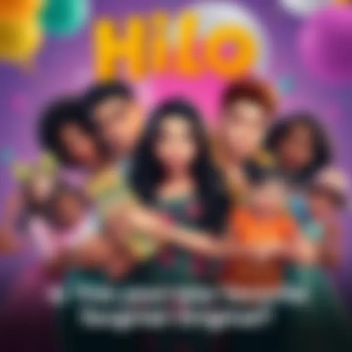 A group of diverse characters from Hilo, showcasing unique personalities and styles, in a colorful backdrop representing the show's theme.