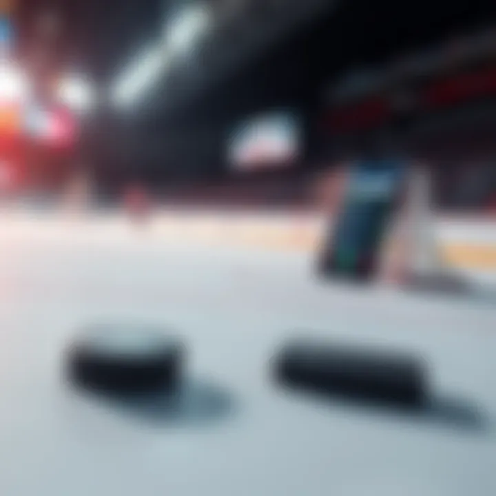 A close-up of a hockey puck on an ice rink with betting slips and a smartphone displaying sportsbook odds in the background.