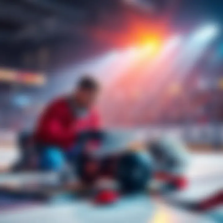 A hockey enthusiast analyzing betting strategies with a laptop and hockey gear on the table