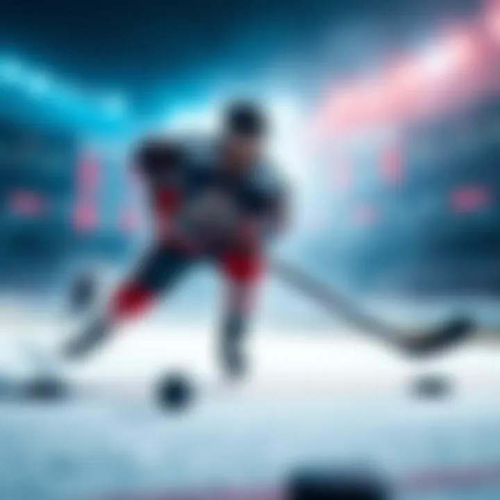 A hockey player shooting a puck with odds displayed in the background, symbolizing betting strategy.