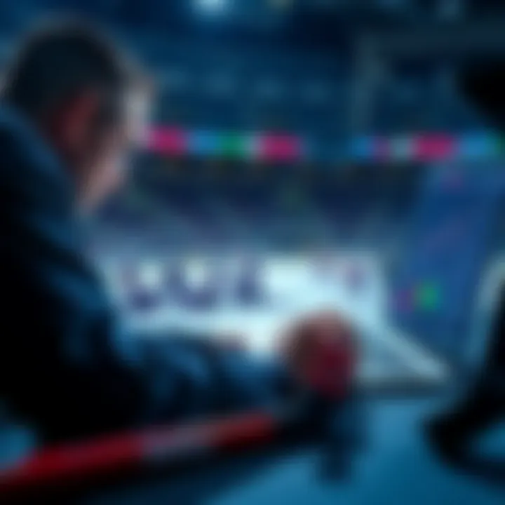 A person tracking hockey game stats while placing straight bets on a laptop, with a hockey stick and puck nearby.