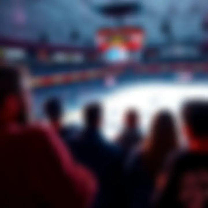 A group of hockey fans watching a game on TV, with betting odds displayed on a screen.