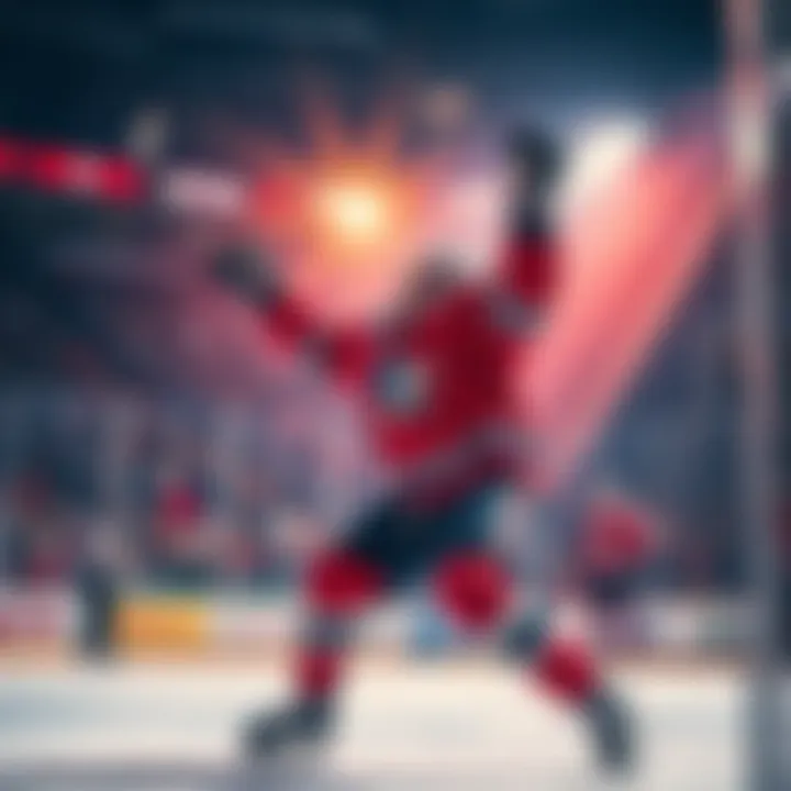 A hockey player celebrates after scoring an early goal in a game, showcasing excitement and team spirit on the ice.