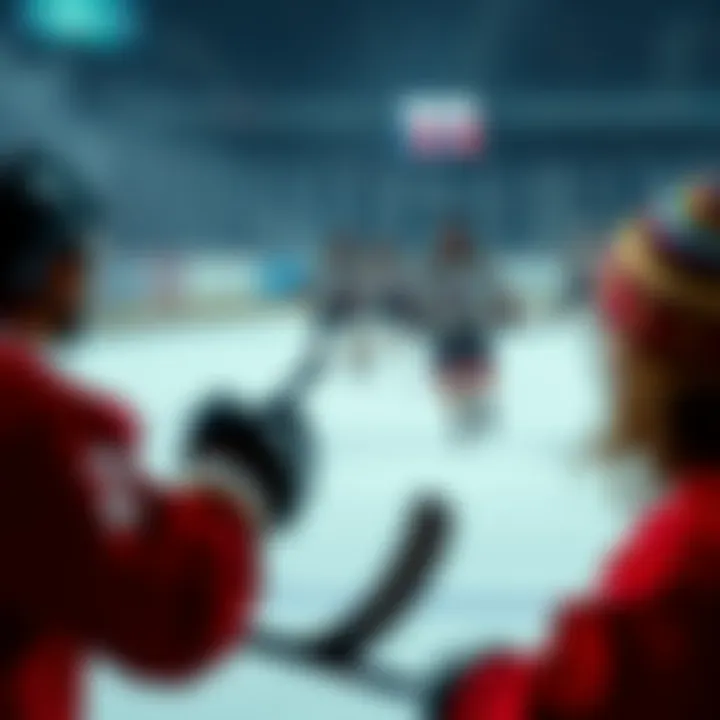 Excited hockey players skating on the ice during the Olympics, showcasing skill and teamwork.