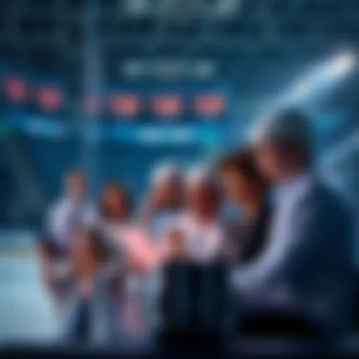 A group of people analyzing hockey team statistics and performance for betting decisions.