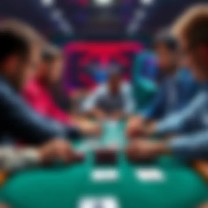 Group of players debating over a poker hand with four of a kind and hole cards visible on the table