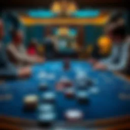 A table set up for a home poker game, showing chips and cards with players in the background, discussing strategies.