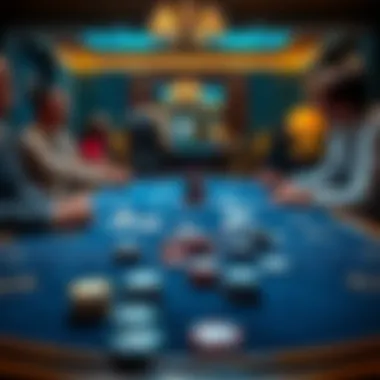 A table set up for a home poker game, showing chips and cards with players in the background, discussing strategies.