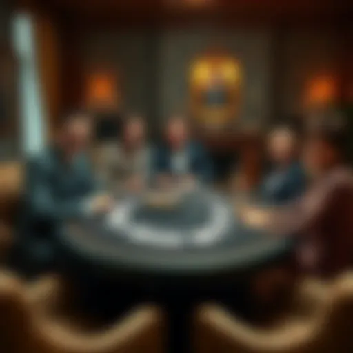 A well-dressed group of people at a poker table with cards and chips in a cozy living room setting.