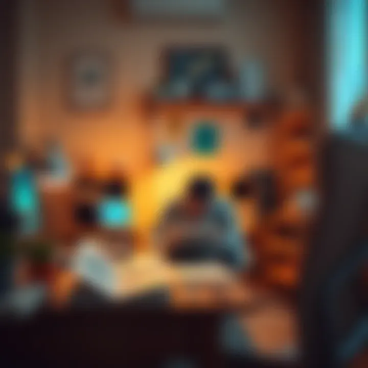 A person practicing a skill at home, surrounded by study materials and tools, focused on improving their abilities.