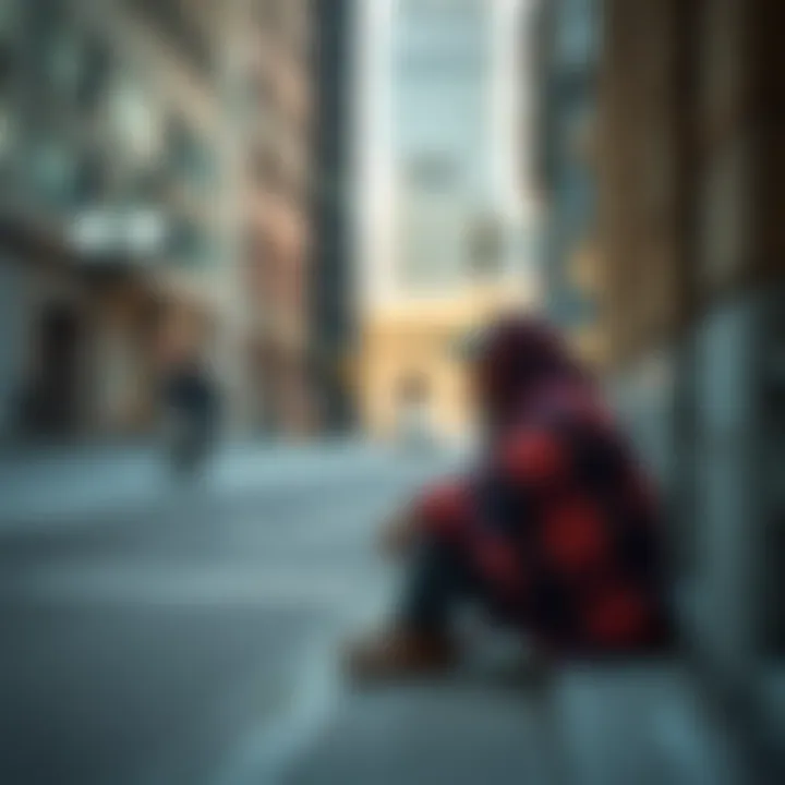 A person sitting on the sidewalk against a building, with a blanket wrapped around them, surrounded by urban scenery.
