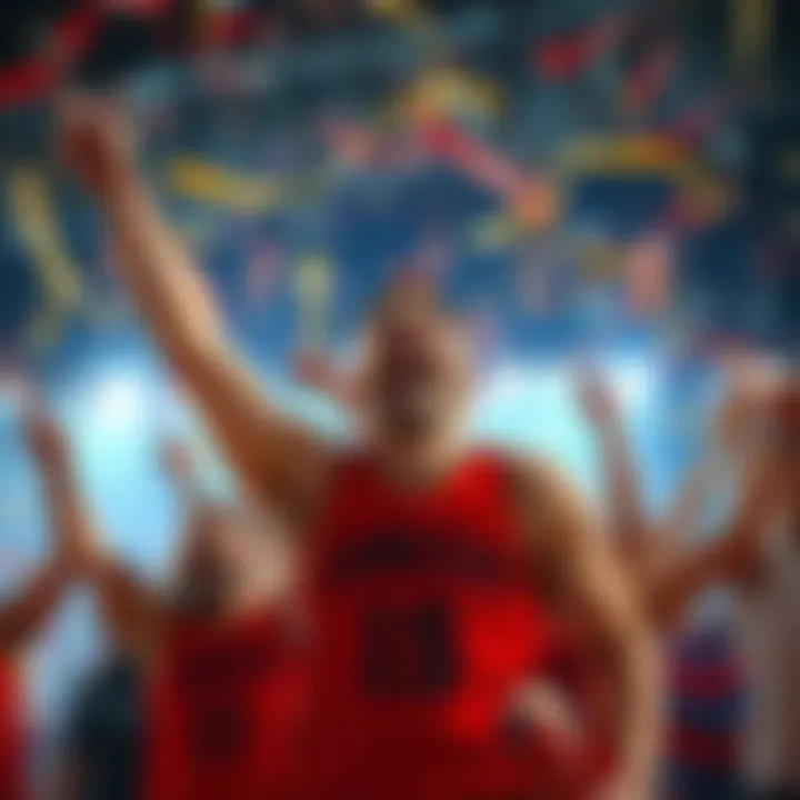 A first-time hoop winner joyfully celebrating their victory, surrounded by friends and confetti, showcasing excitement and happiness.