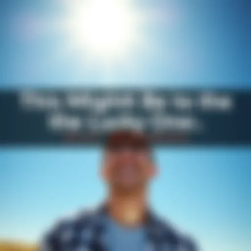 An optimistic person stands outdoors, smiling, with a clear blue sky and sunlight shining down, symbolizing hope and positivity