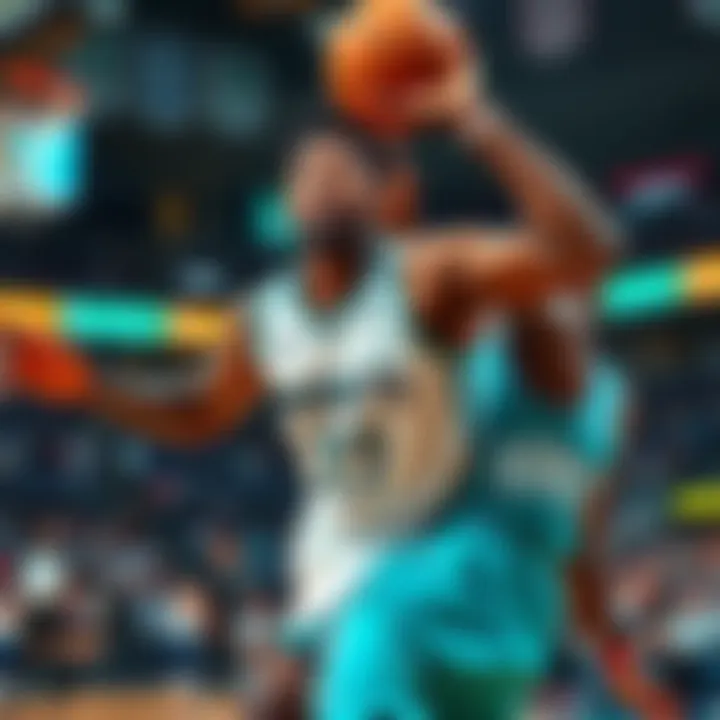 Basketball players in action during a game, focusing on a Hornets player and Jalen Johnson, with betting lines visible in the background.