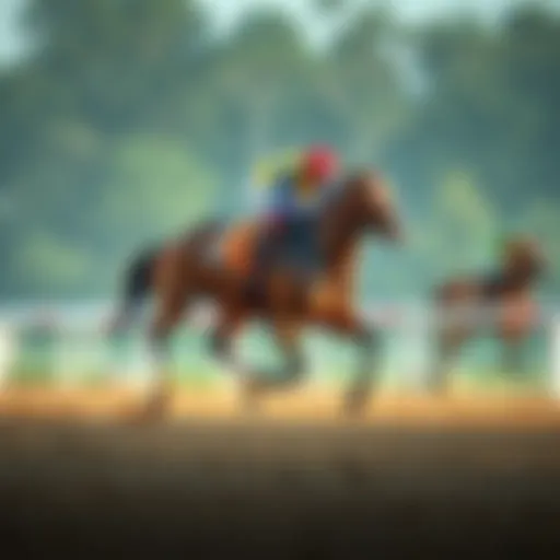 A racehorse galloping on a track with jockey during a race after a year-long break, showcasing its effort and determination.