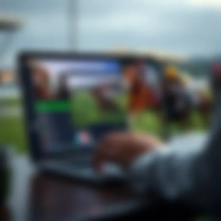 A person selecting a horse racing betting platform on a laptop with horse racing images in the background